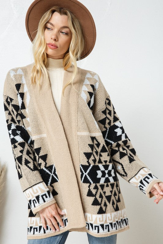 Western Boho Print Long Sleeve Duster Cardigan