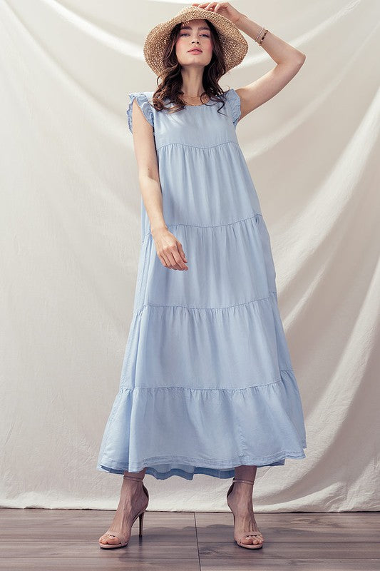 Casual Sleeveless Denim Maxi Dress - Babydoll Ruffle Long Dress