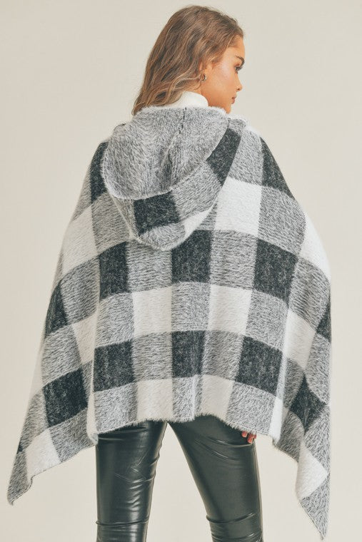 Cozy Knit Layer Fuzzy Hairy Checkered Hooded Poncho