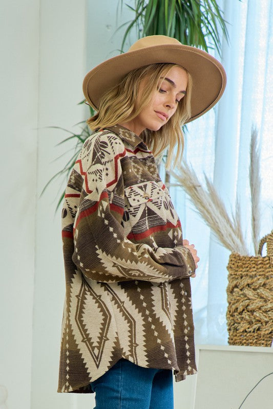 Western Print Button Front Blanket Jacket