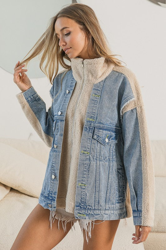 Washed Denim Attached Fleece Jacket