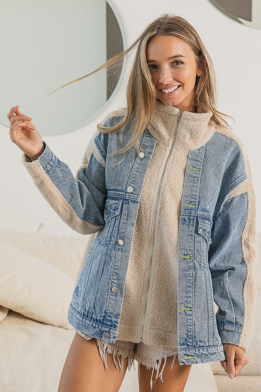Washed Denim Attached Fleece Jacket