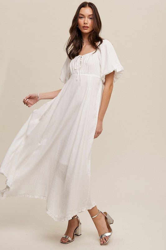 Women's White Puff Sleeve Empire Waist Flowy Maxi Dress - Summer Wedding Guest & Engagement Dress with Pockets