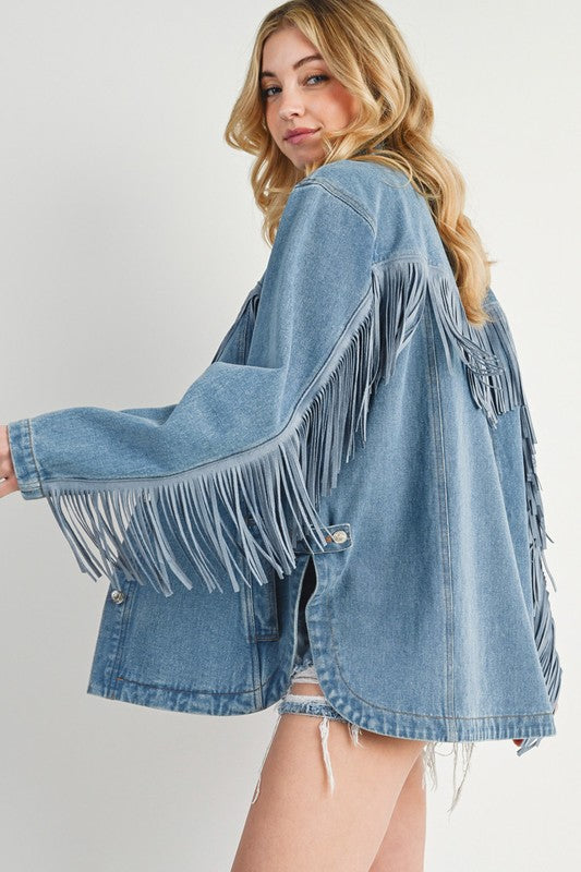 Oversized Denim Button Down Faux Suede fringe jacket