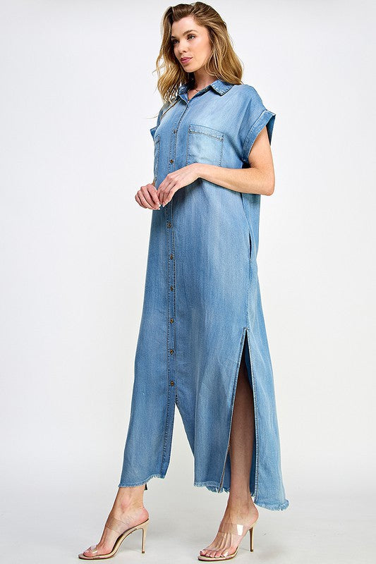 Loose Fit Denim Maxi Jean Short Sleeve Dress