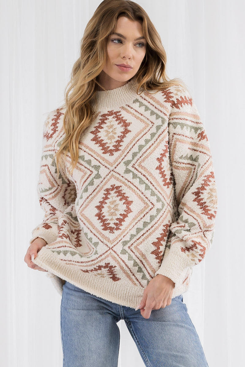 Western Style Print Long Sleeve Knit Pullover Sweater