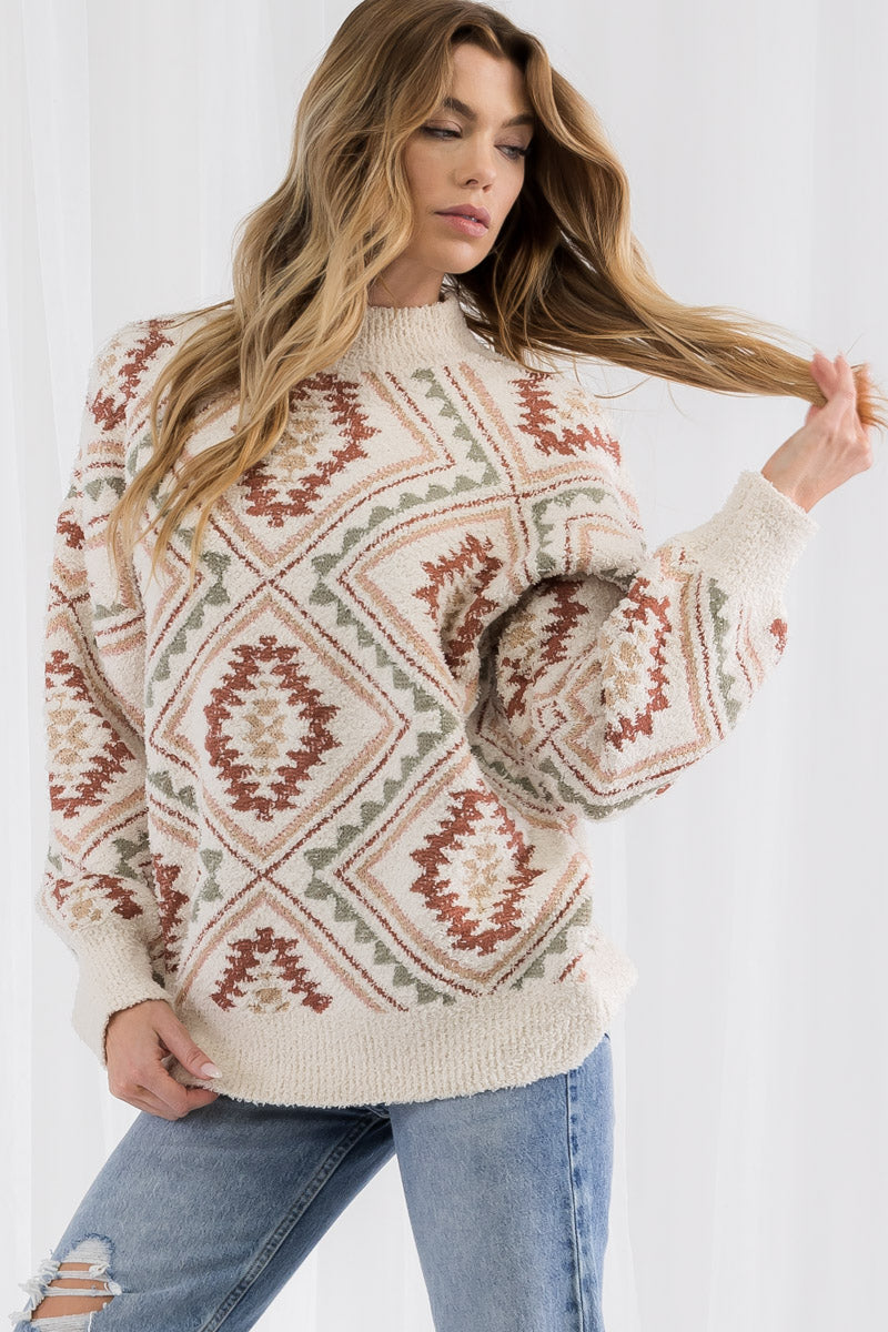 Western Style Print Long Sleeve Knit Pullover Sweater