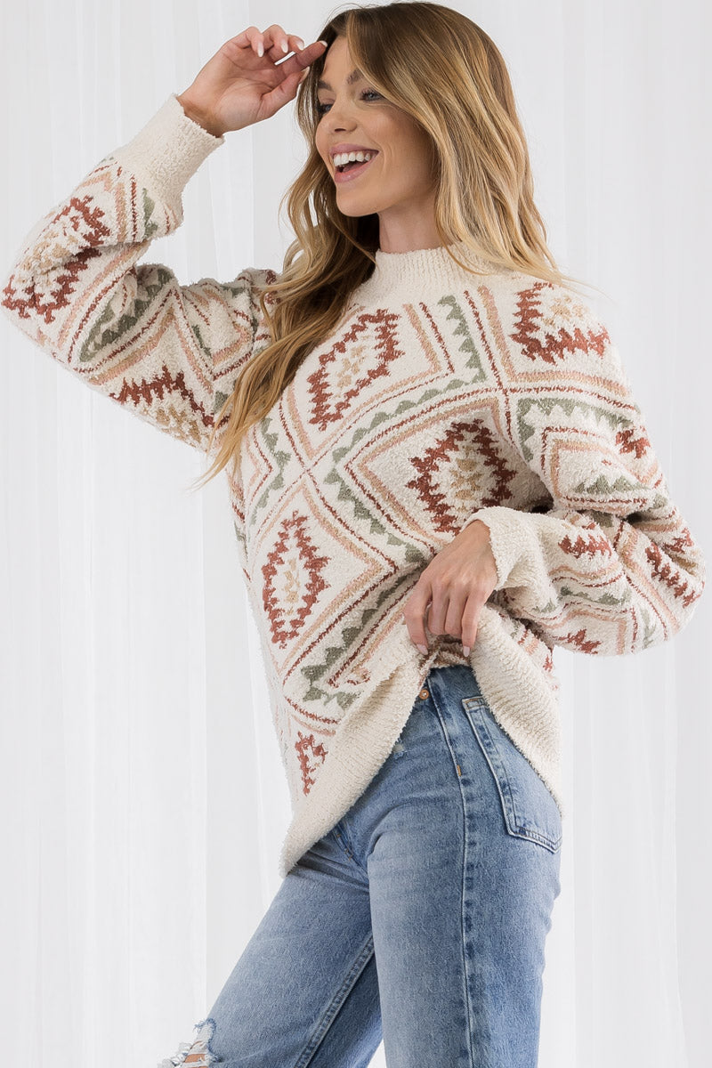 Western Style Print Long Sleeve Knit Pullover Sweater