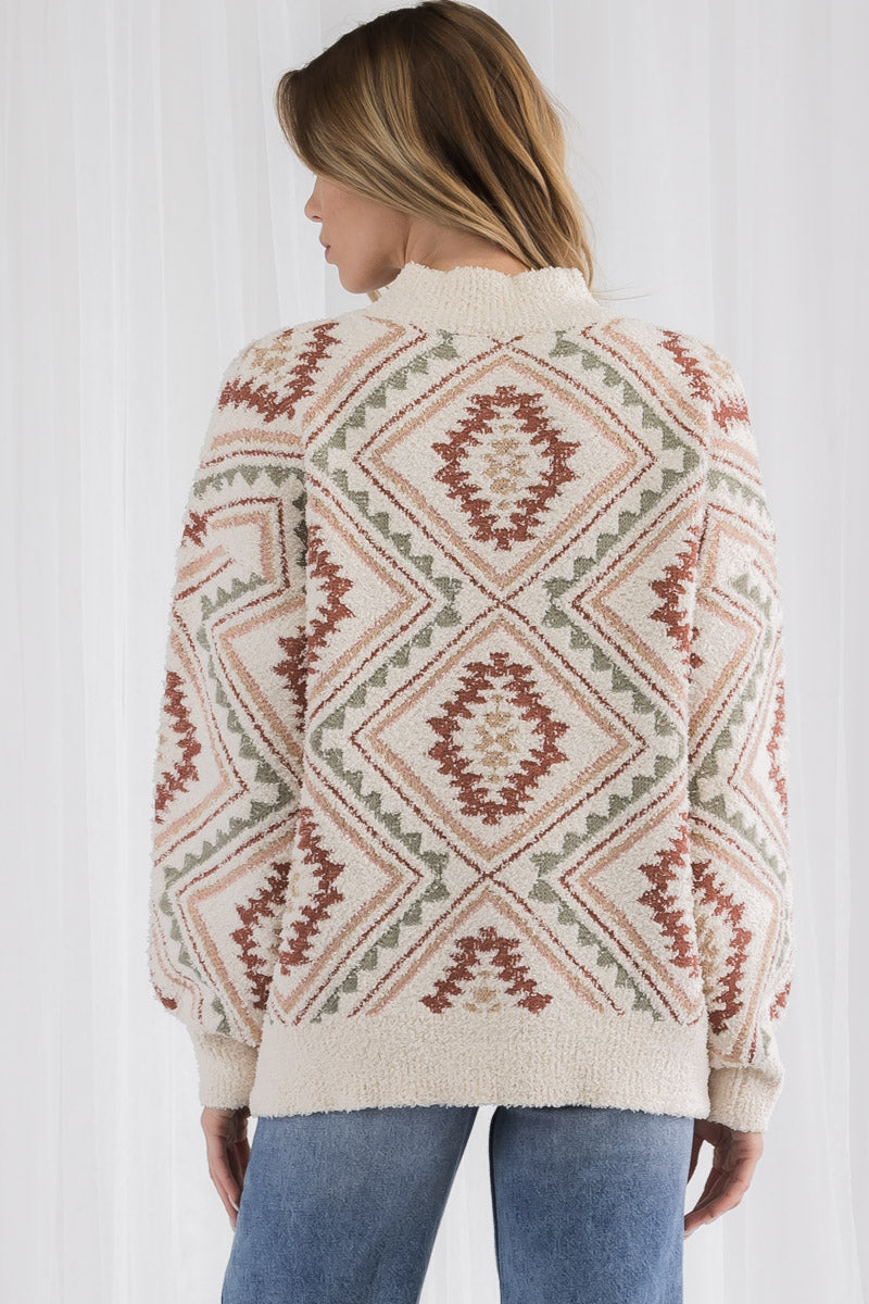 Western Style Print Long Sleeve Knit Pullover Sweater