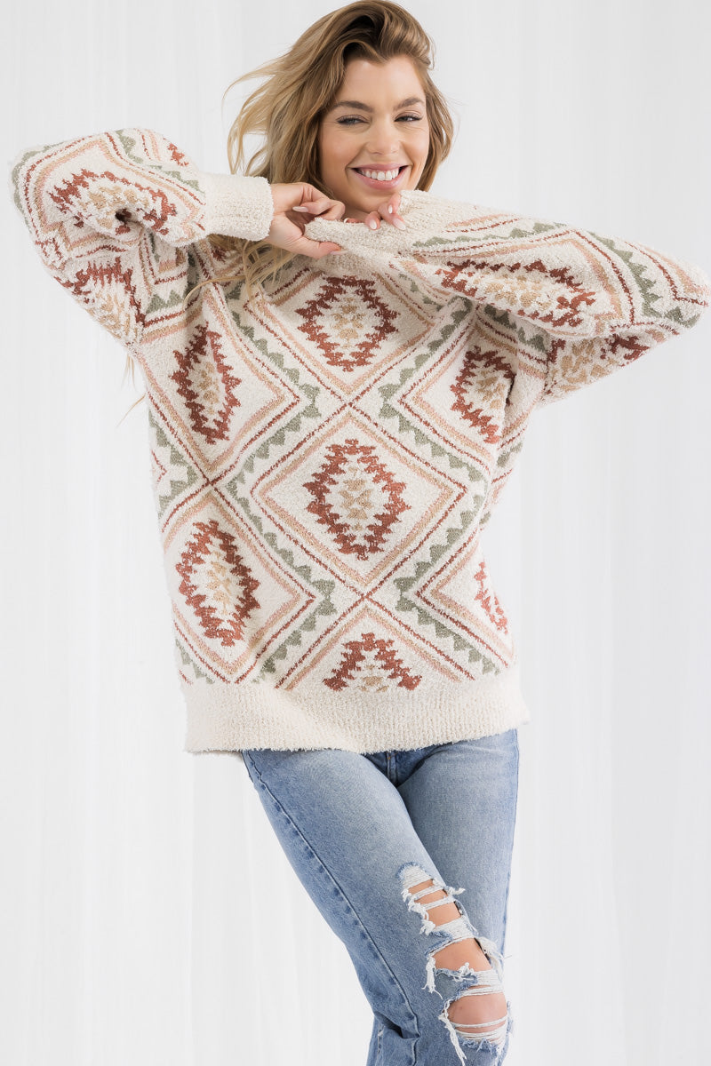 Western Style Print Long Sleeve Knit Pullover Sweater