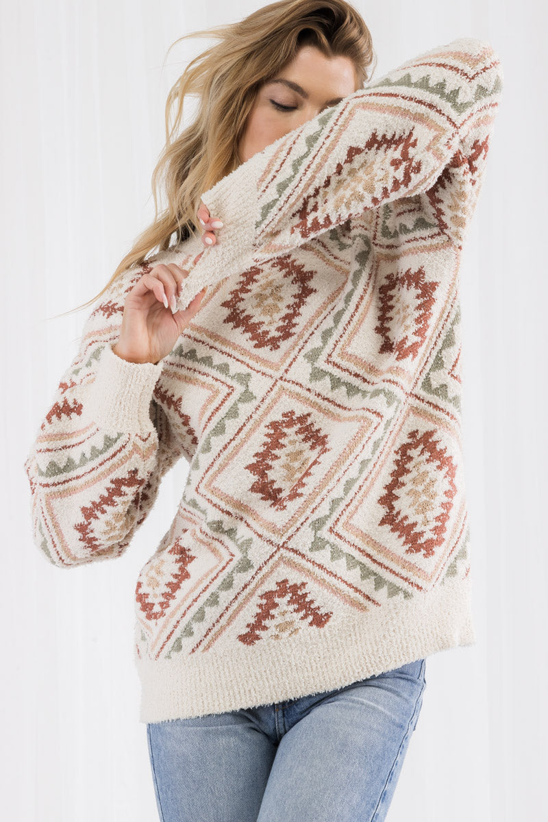 Western Style Print Long Sleeve Knit Pullover Sweater