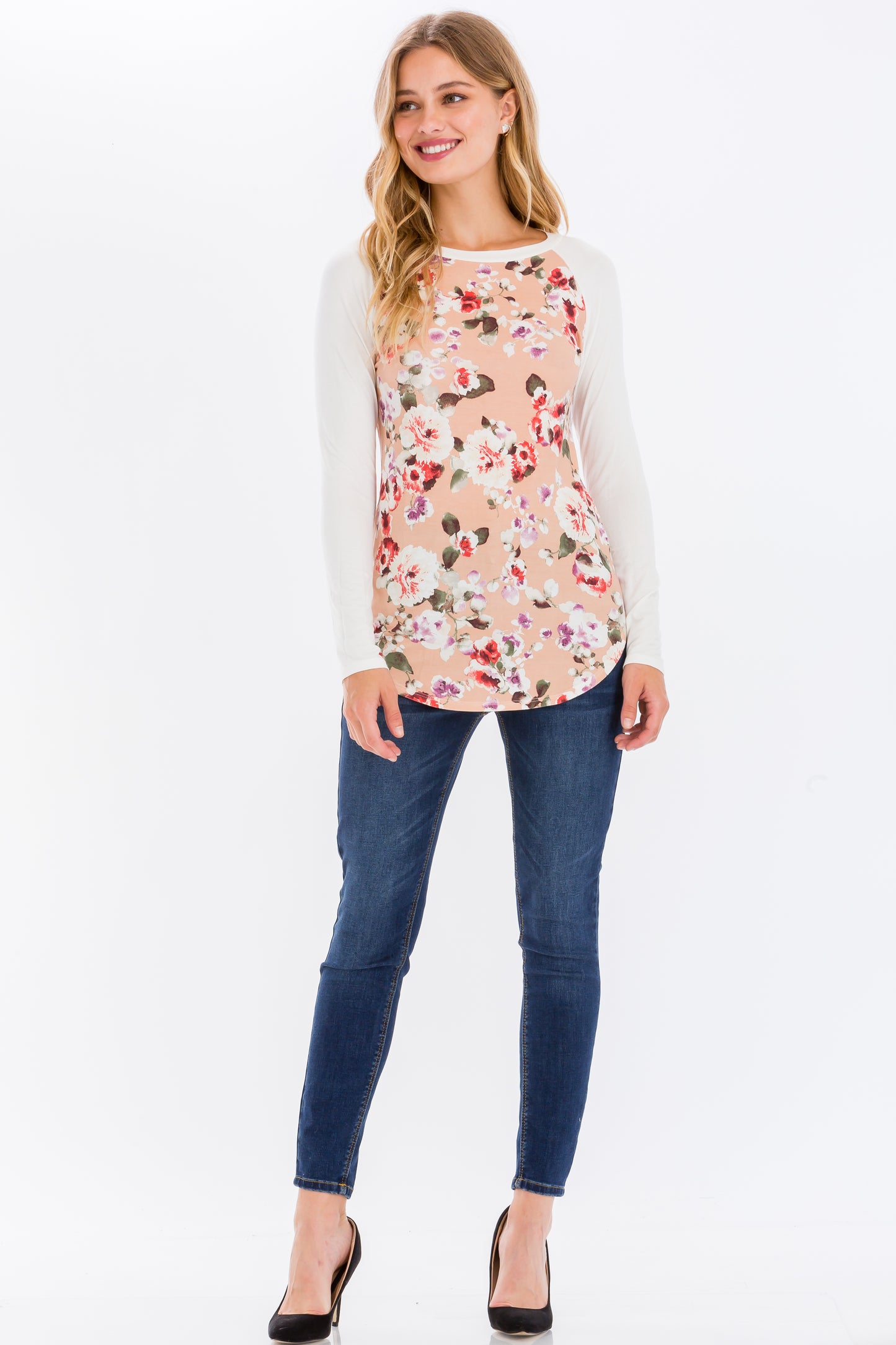 Printed Raglan Long Sleeve Crew Neck Top