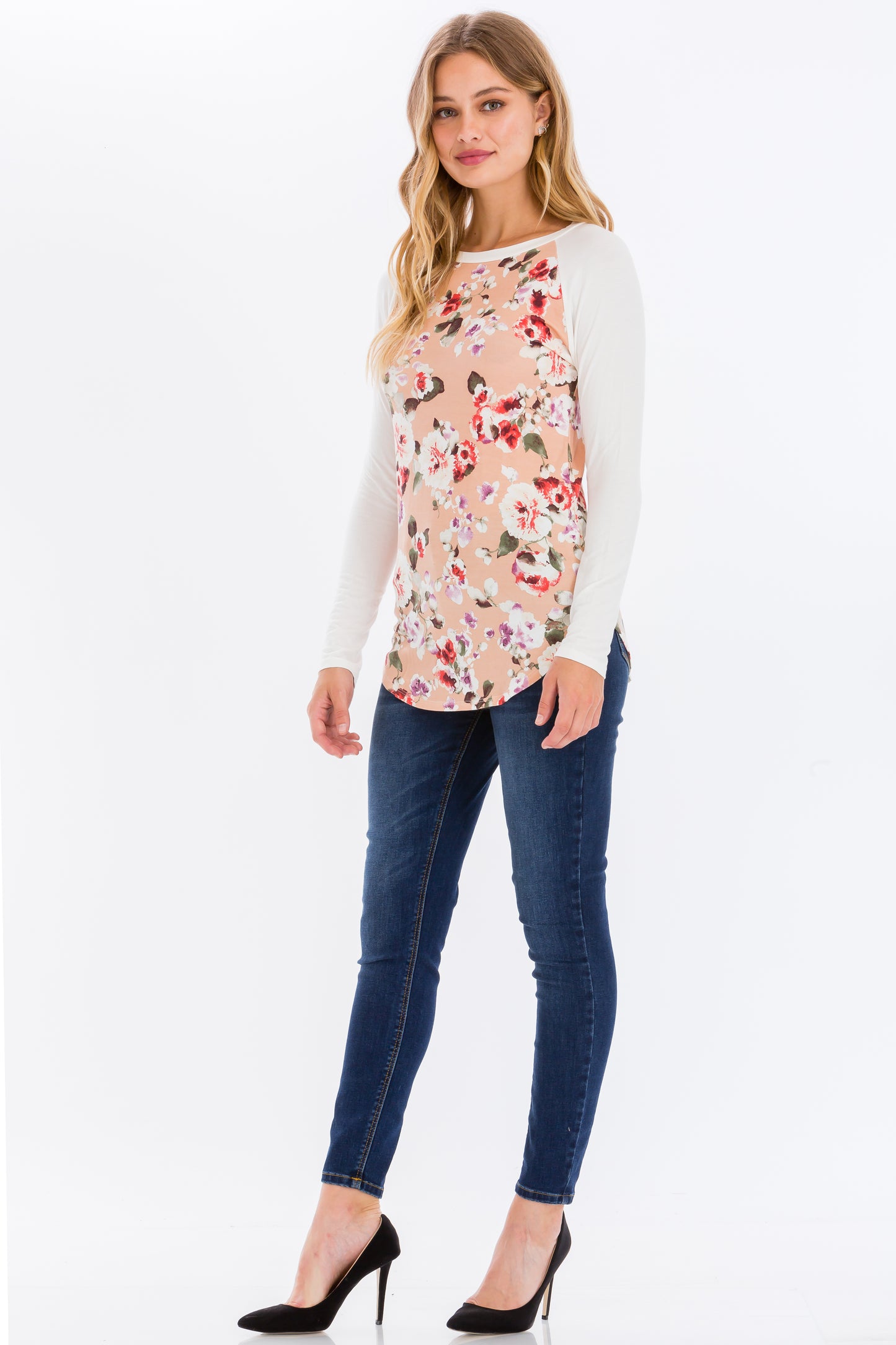 Printed Raglan Long Sleeve Crew Neck Top
