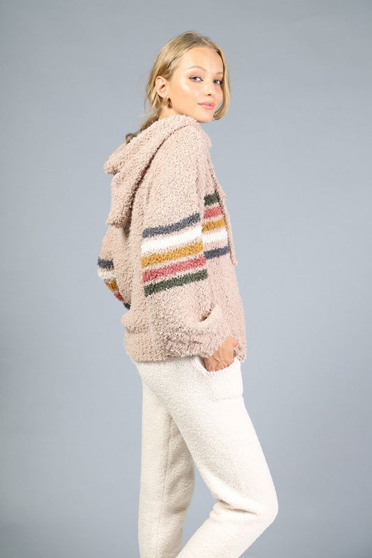 Soft Fuzzy Stripe V-Neck Knit Hooded Pullover Sweater for Women