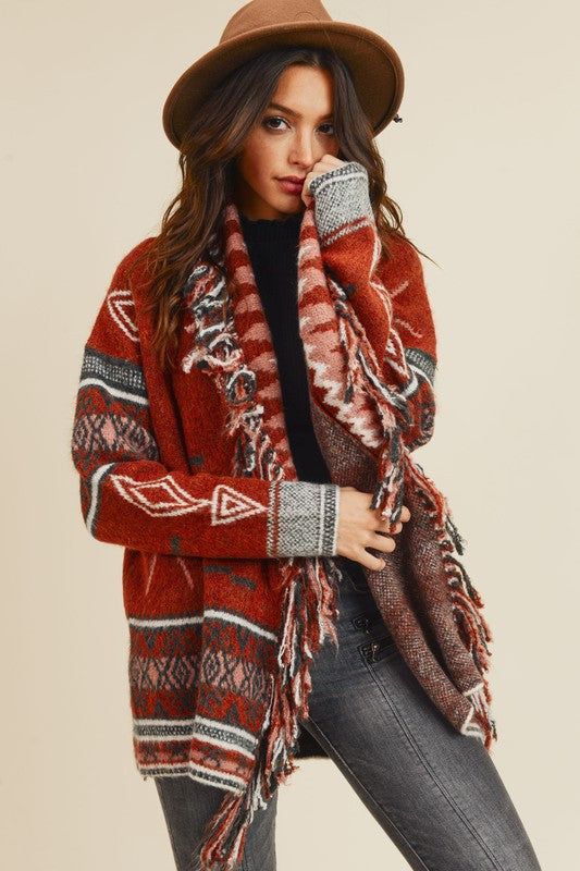 Cinnamon Color Western Print Fringe Detail Cardigan Sweater