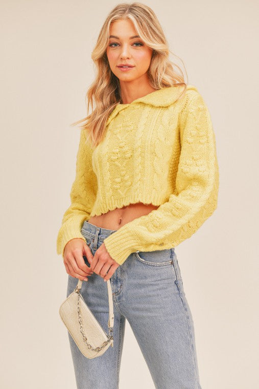 Collared Cozy Cable Knit Cropped Sweater Top