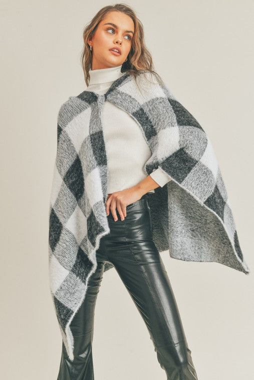 Cozy Knit Layer Fuzzy Hairy Checkered Hooded Poncho