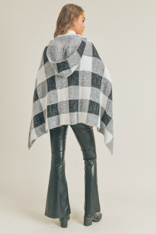 Fuzzy Hairy Checkered Hooded Poncho Sweater