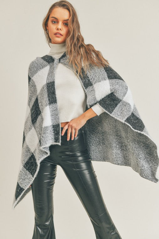 Fuzzy Hairy Checkered Hooded Poncho Sweater