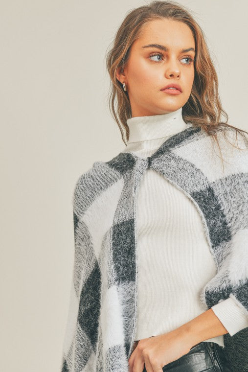 Cozy Knit Layer Fuzzy Hairy Checkered Hooded Poncho