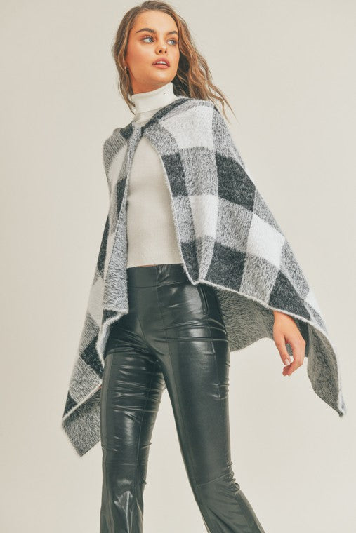 Cozy Knit Layer Fuzzy Hairy Checkered Hooded Poncho