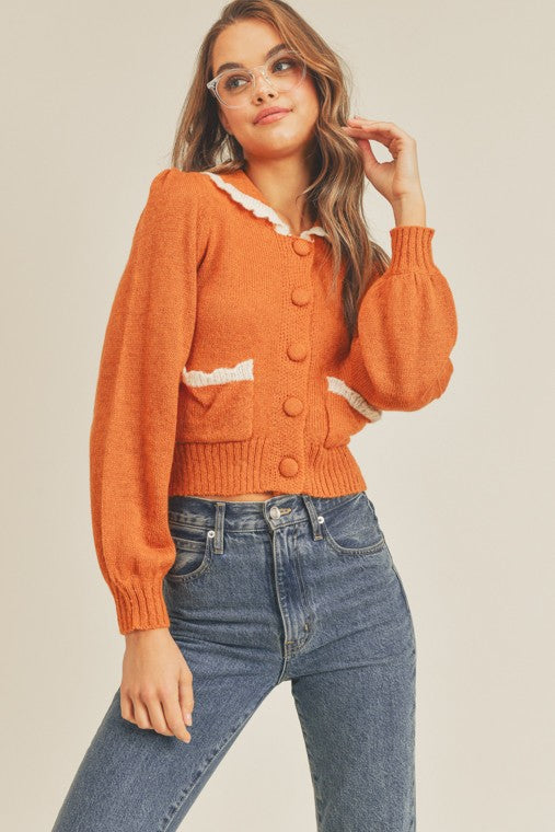 Collared knit Button Front Cropped Cardigan