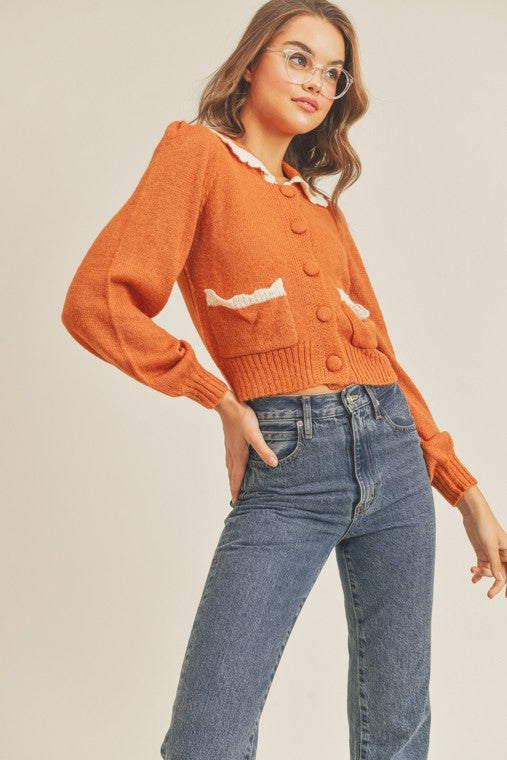 Collared knit Button Front Cropped Cardigan