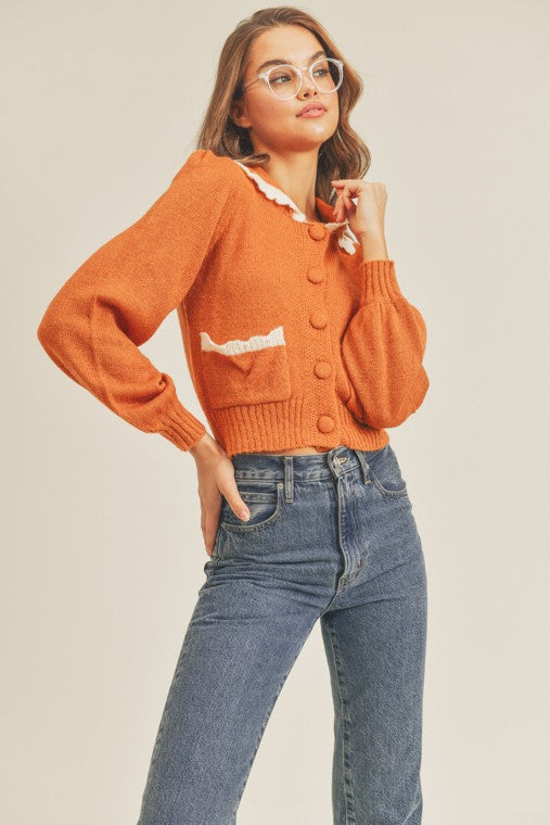 Collared knit Button Front Cropped Cardigan