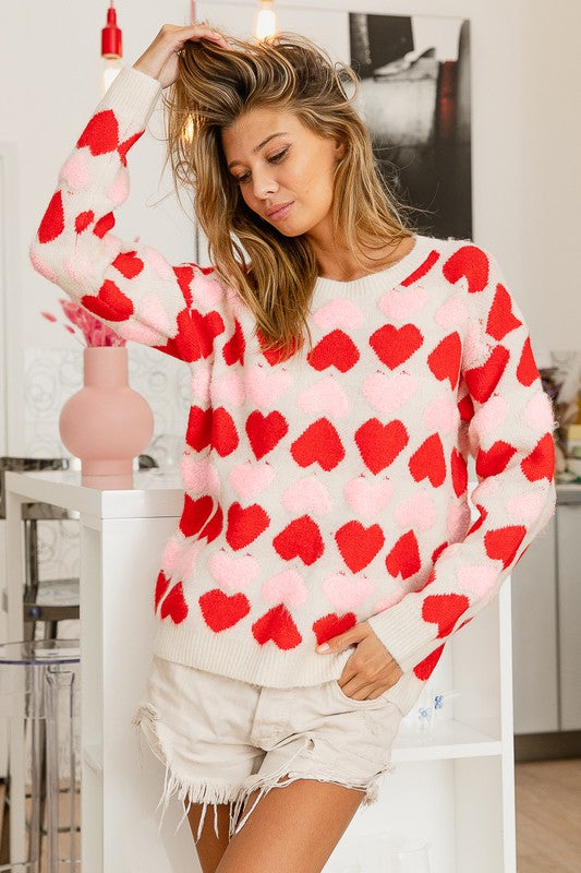 Fuzzy Heart Crew Neck Pullover Sweater