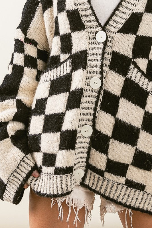 Trendy Oversized Checkered Cardi Sweater