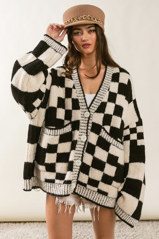 Trendy Oversized Checkered Cardi Sweater