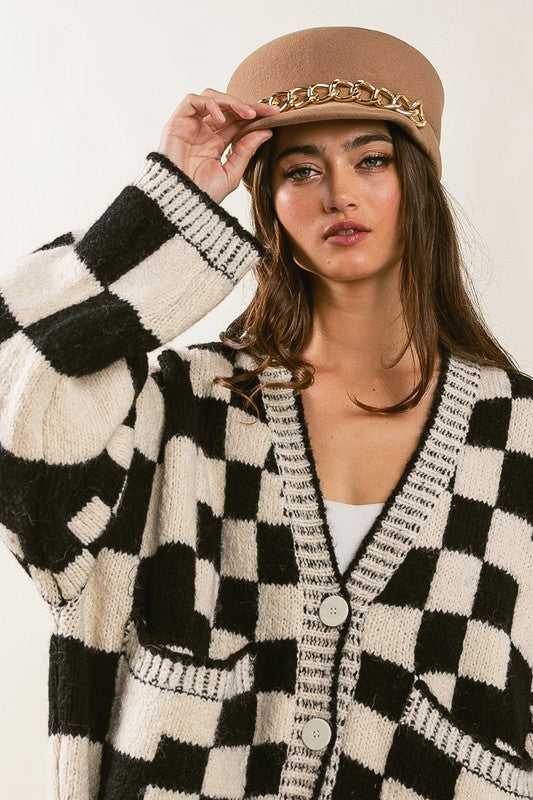 Trendy Oversized Checkered Cardi Sweater