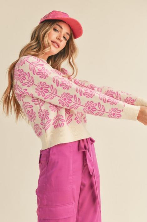 Pink Floral Knit Cropped Pullover Sweater