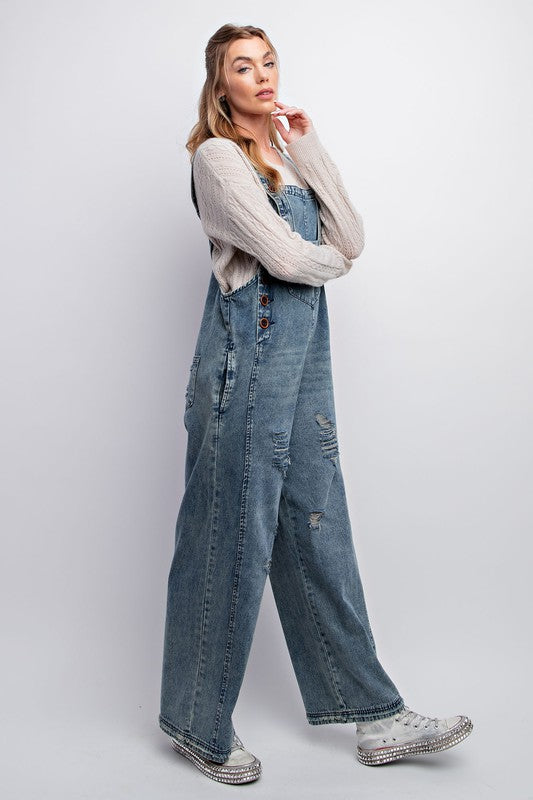 Comfy Washed Denim Loose Fit Jumpsuit