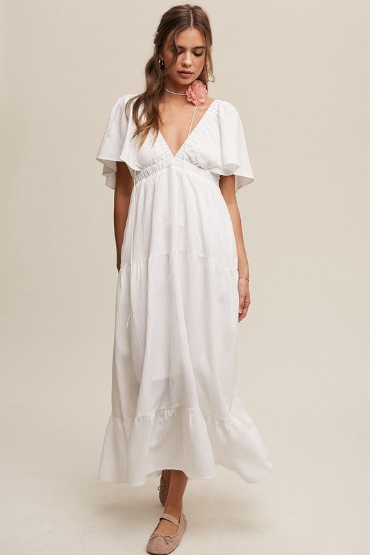 Women's White V-Neck Maxi Dress with Pockets - Ruffle Sleeve Flowy Summer Dress
