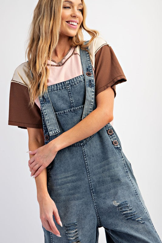 Comfy Washed Denim Loose Fit Jumpsuit