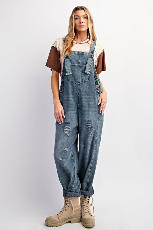 Comfy Washed Denim Loose Fit Jumpsuit