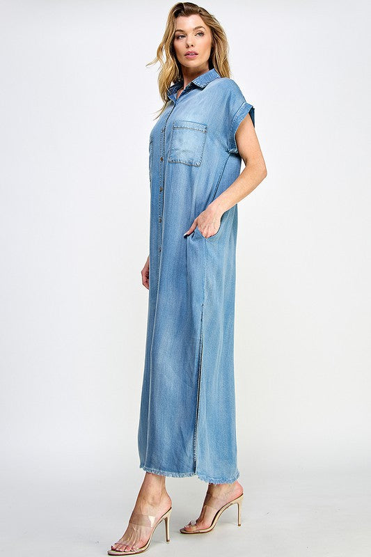 Loose Fit Denim Maxi Jean Short Sleeve Dress