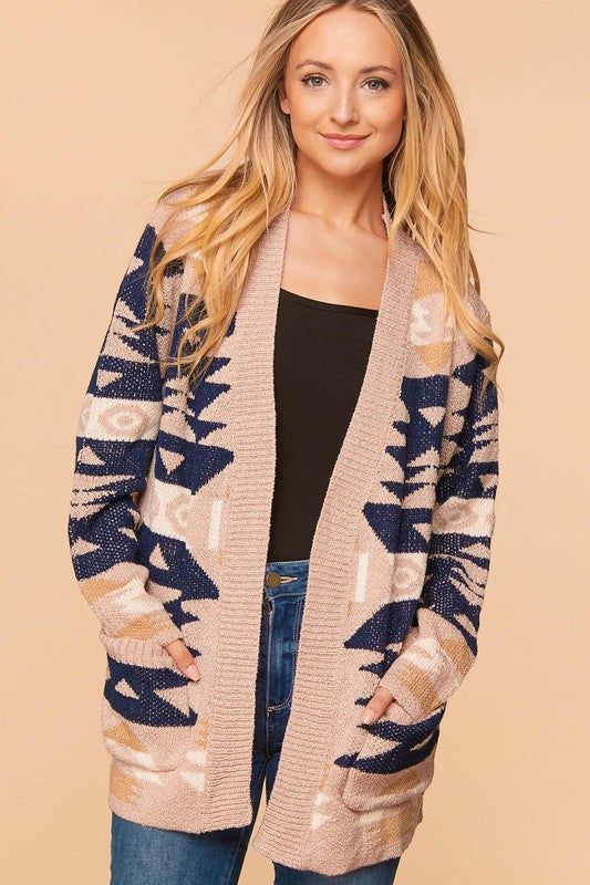 Aztec Print Knit Long Sleeve Sweater Cardigan