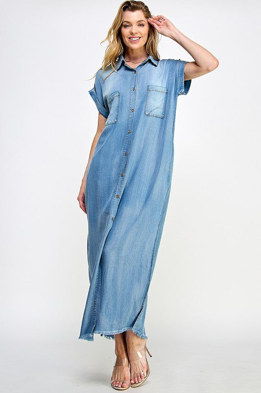 Loose Fit Denim Maxi Jean Short Sleeve Dress