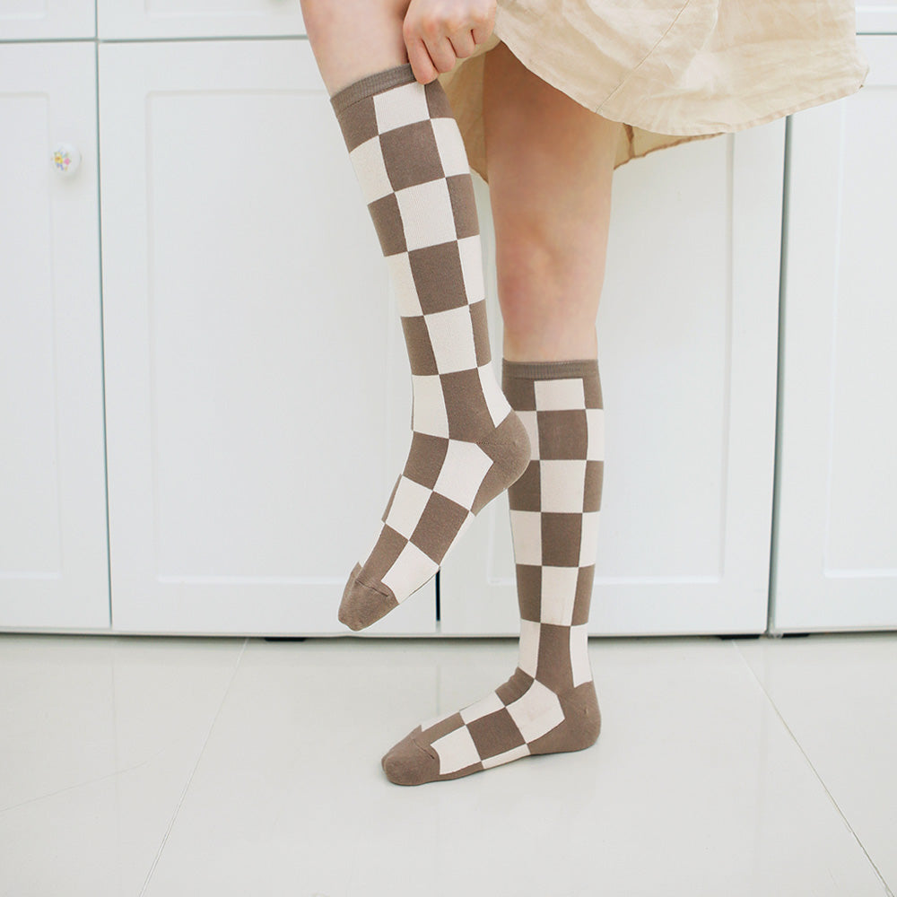 Checkered Pattern Long Knee Socks- Women's Long Socks