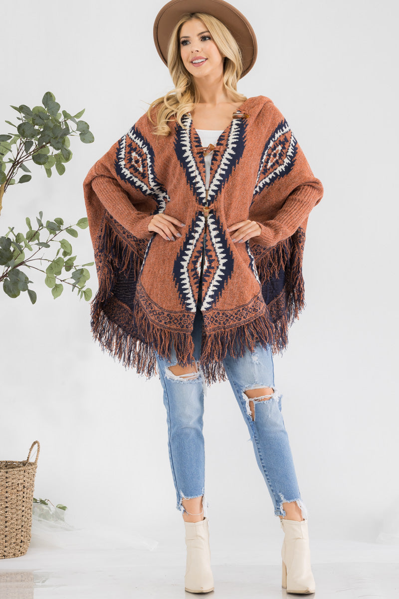 Aztec Pattern Hooded Knit Poncho Cardi for Women