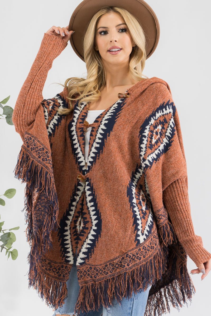 Aztec Pattern Hooded Knit Poncho Cardi for Women