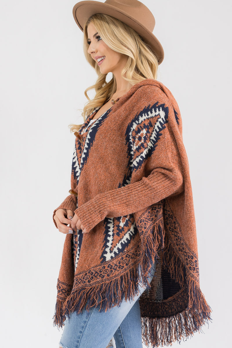 Aztec Pattern Hooded Knit Poncho Cardi for Women