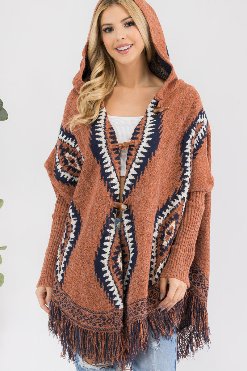 Aztec Pattern Hooded Knit Poncho Cardi for Women