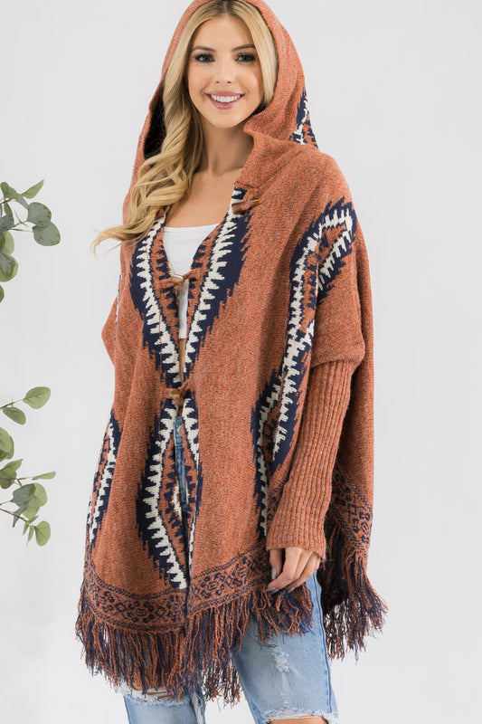 Aztec Pattern Hooded Knit Poncho Cardi for Women