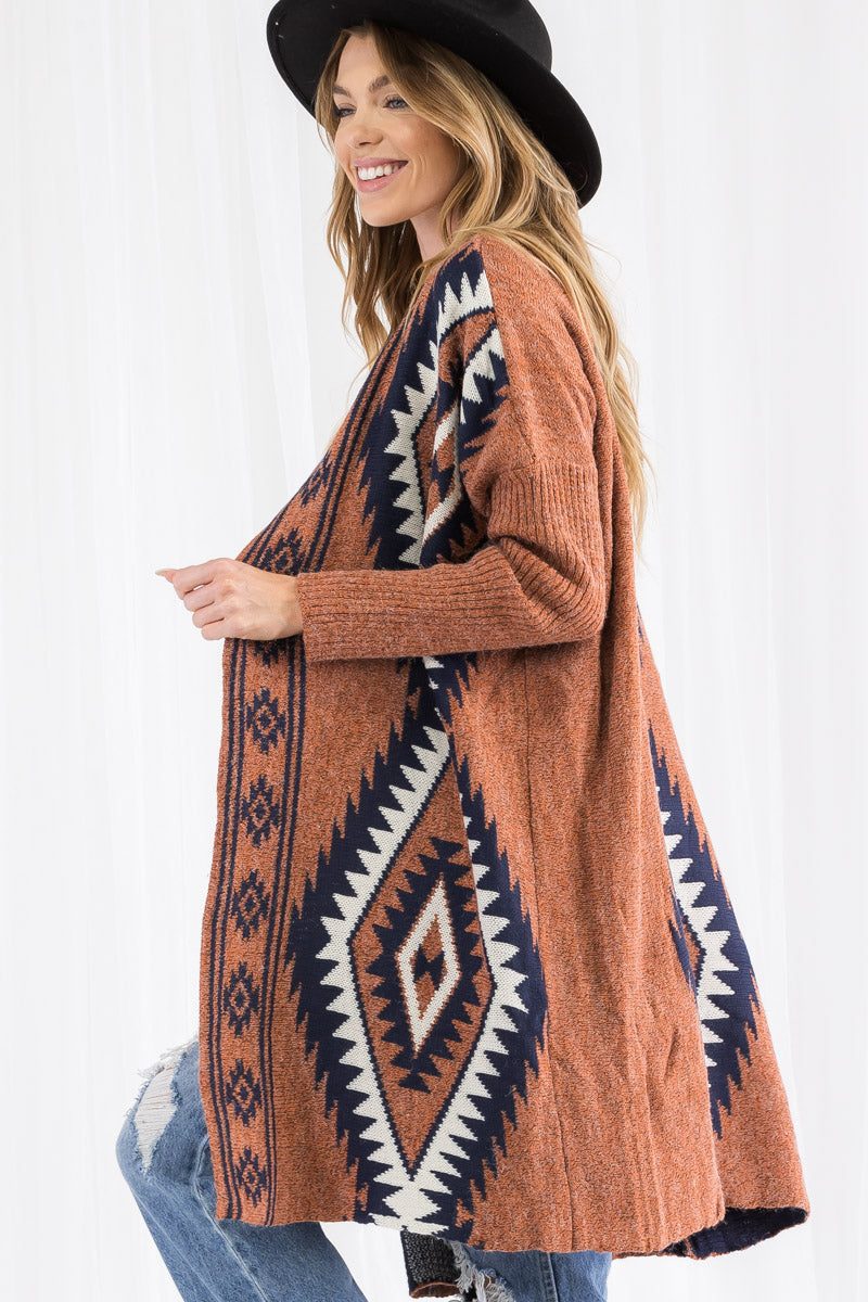 Bohemian Pattern Knit Duster Cardigan – Open Front Long Sweater