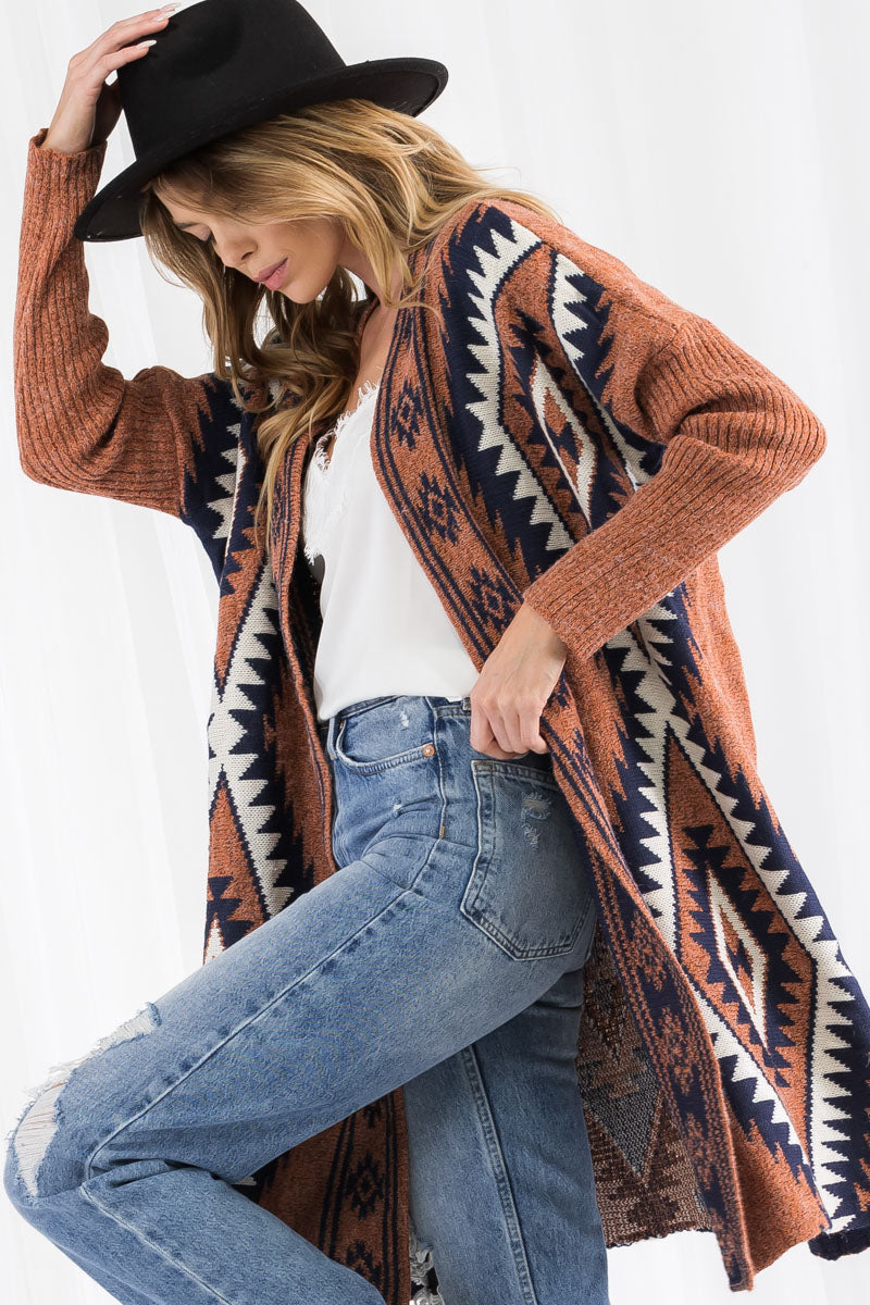 Bohemian Pattern Knit Duster Cardigan – Open Front Long Sweater