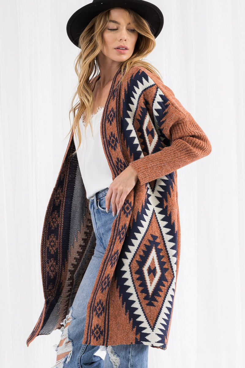 Bohemian Pattern Knit Duster Cardigan – Open Front Long Sweater