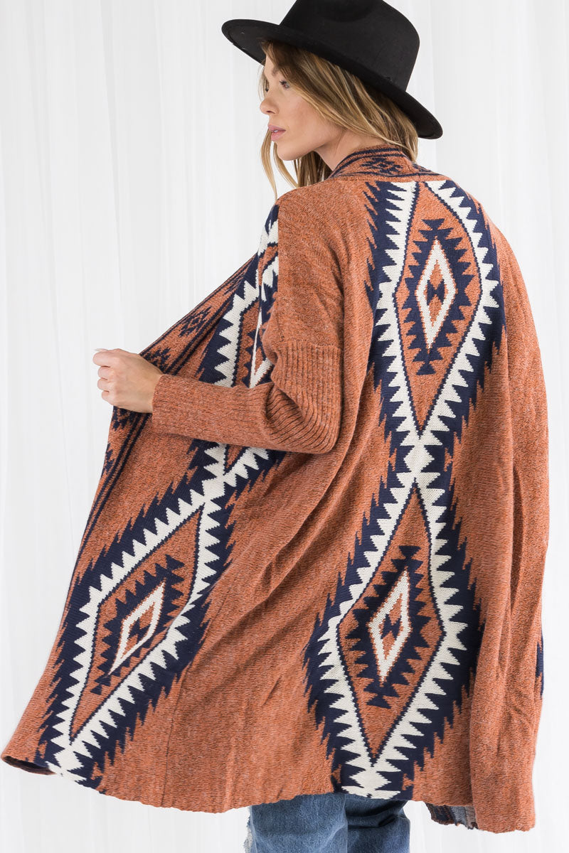 Bohemian Pattern Knit Duster Cardigan – Open Front Long Sweater